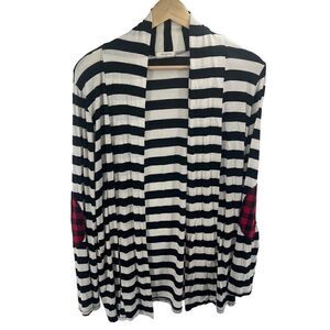12PM by Mon Ami Women's Cardigan Sweater Striped Plaid Elbow Black White Large